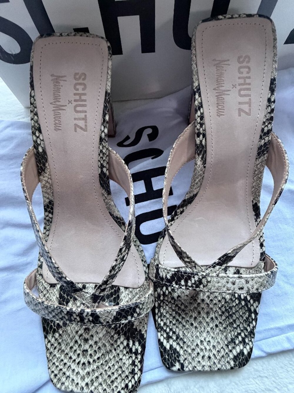 Schutz x Niina Secrets Natural Snake Print Mule Sandals Size 8.5B Block Heel